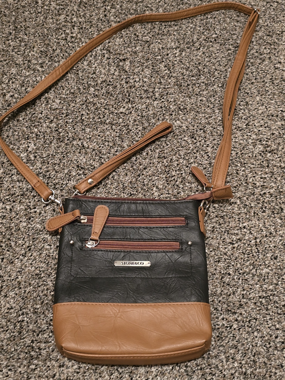 Stone Co Crossbody Purse SMALL 8" PVC LEATHER BAG Brown/Black Adj Strap - NWOT